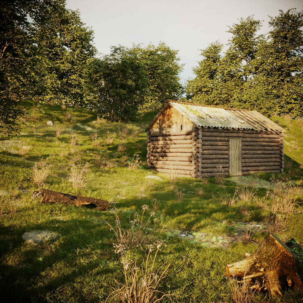 an old log cabin in the middle of a grassy field