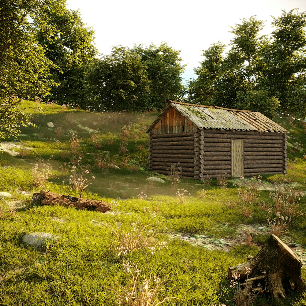 an old log cabin in a grassy field