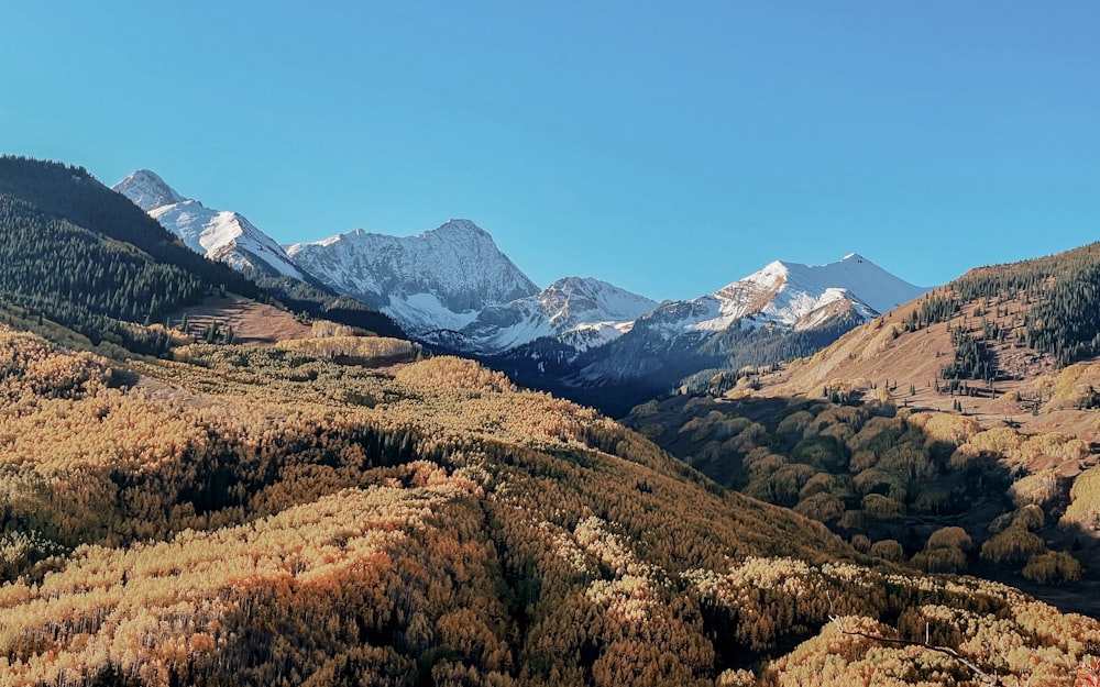 a scenic view of a mountain range with snow capped mountains in the background