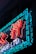 Neon sign featuring stylized characters in vibrant red and blue lights, set against a dark background. The illumination creates a bright and striking contrast.