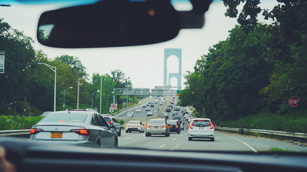 a view of a bridge from inside a car