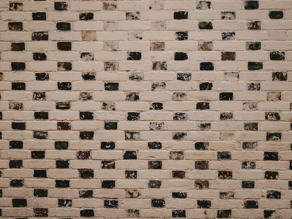 a white brick wall with black squares on it