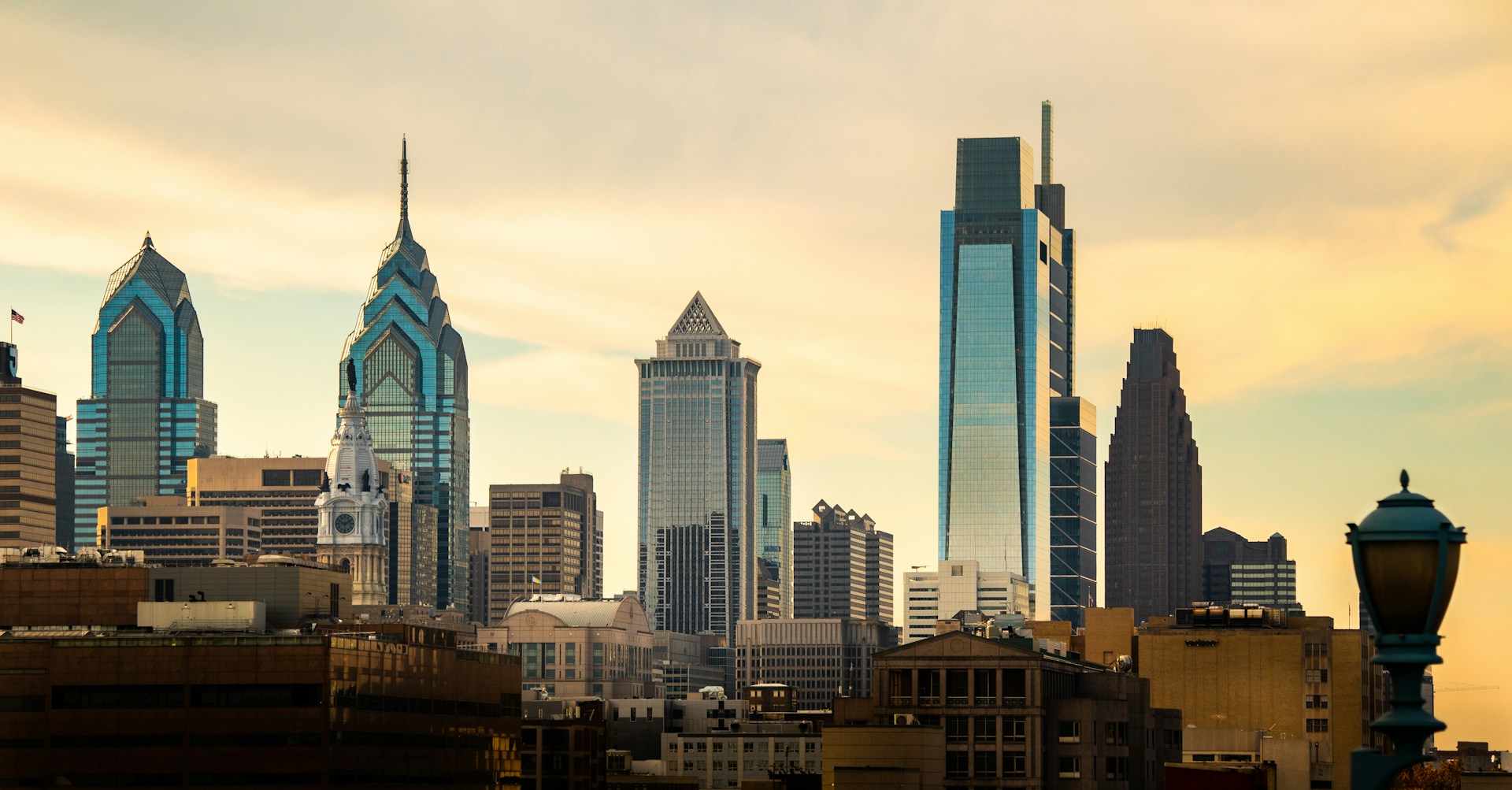a view of a city skyline with tall buildings
