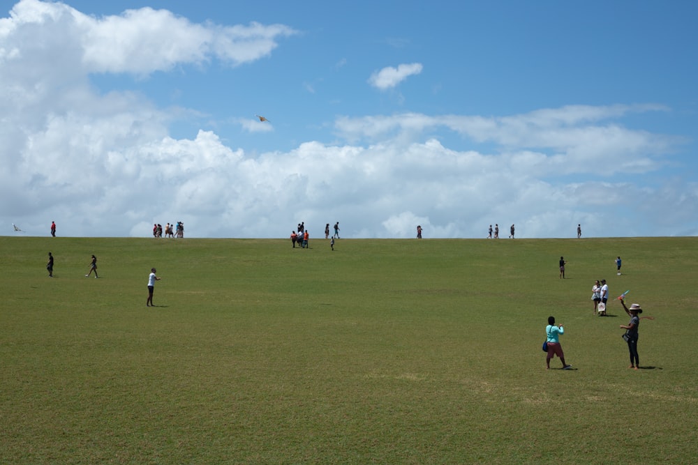 a group of people standing on top of a lush green field