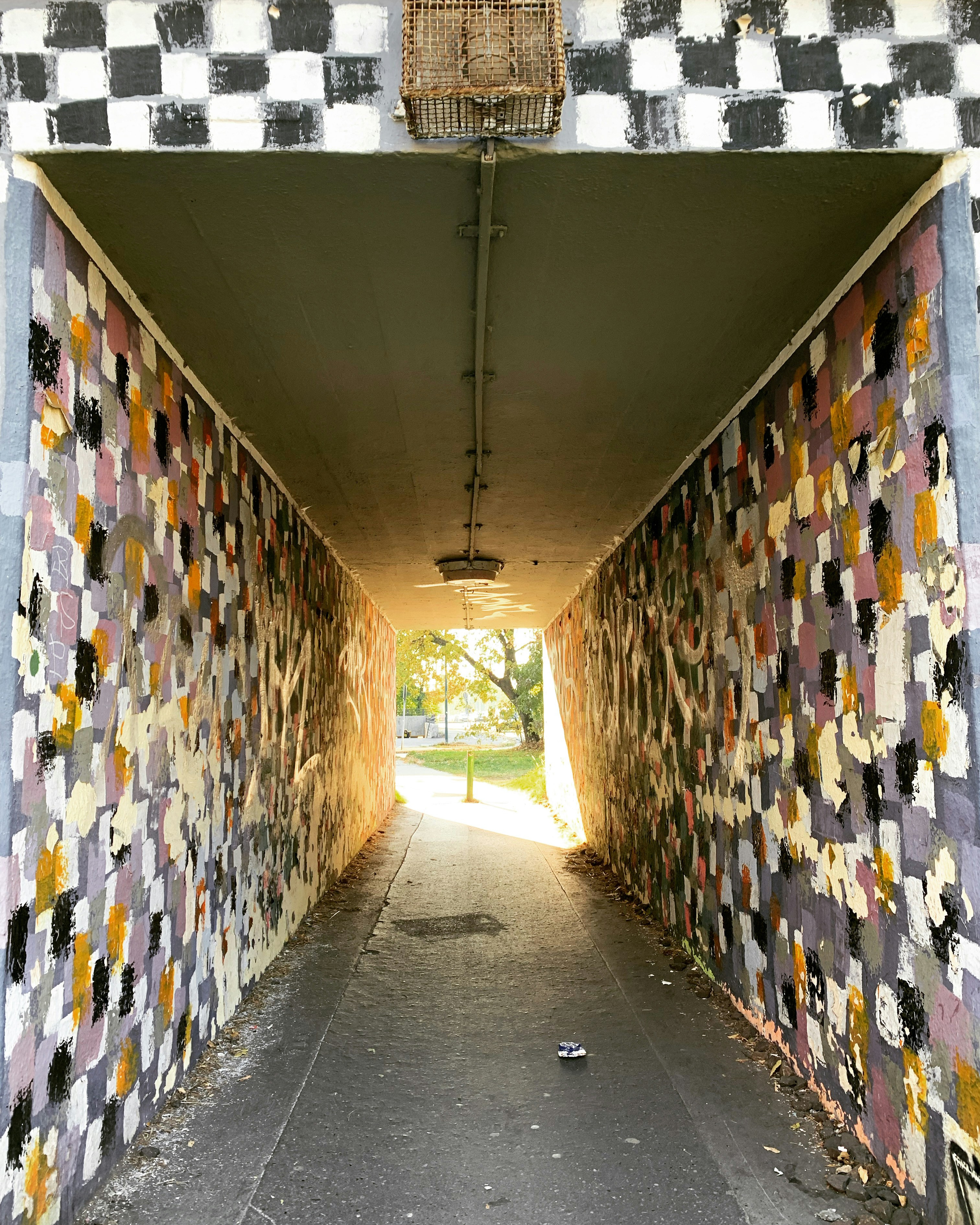 ein Gehweg mit einem Korb, der von der Decke hängt