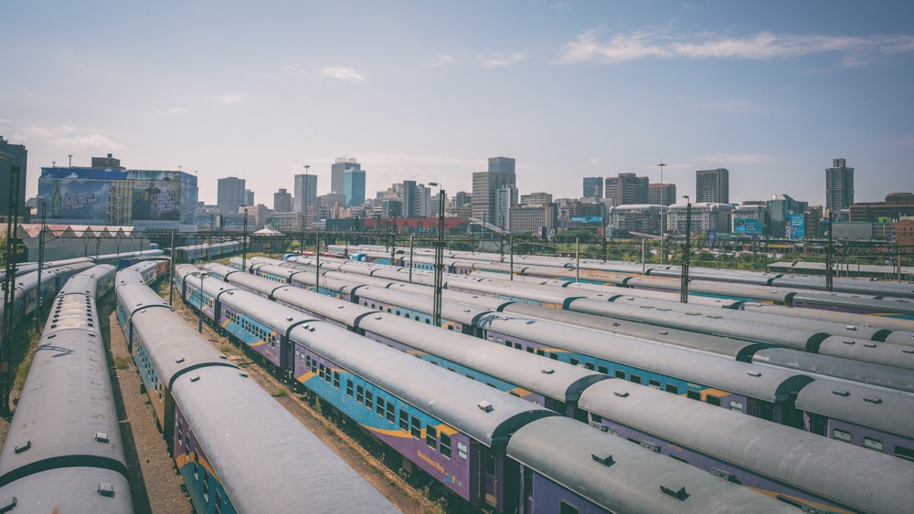 Muchos trenes están estacionados en un patio de trenes