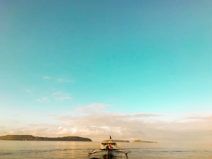 A boat gliding through calm blue waters near Las Galeras with a whale breaching in the distance.