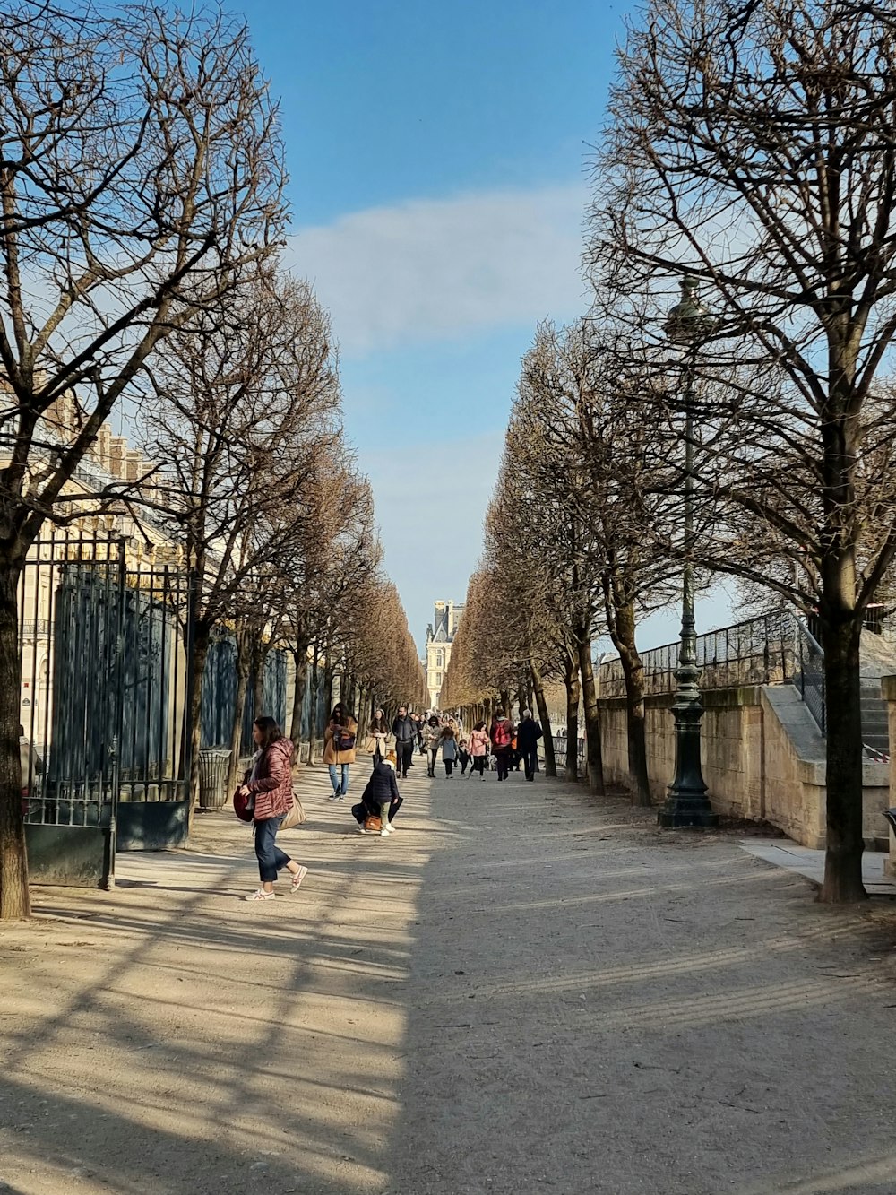 a group of people walking down a street next to trees