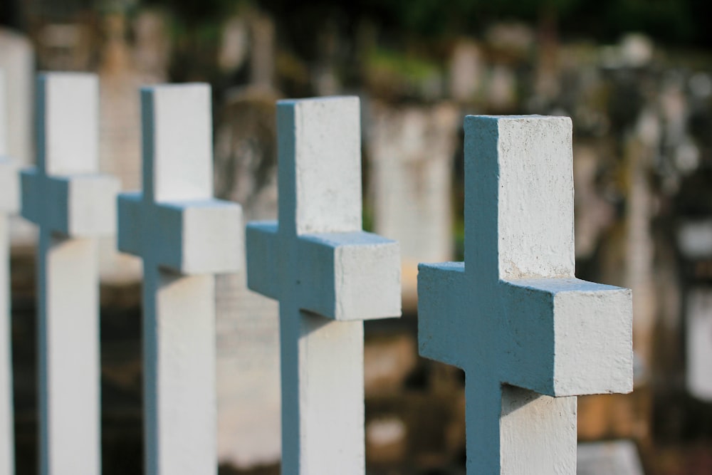 a close up of a blue and white fence