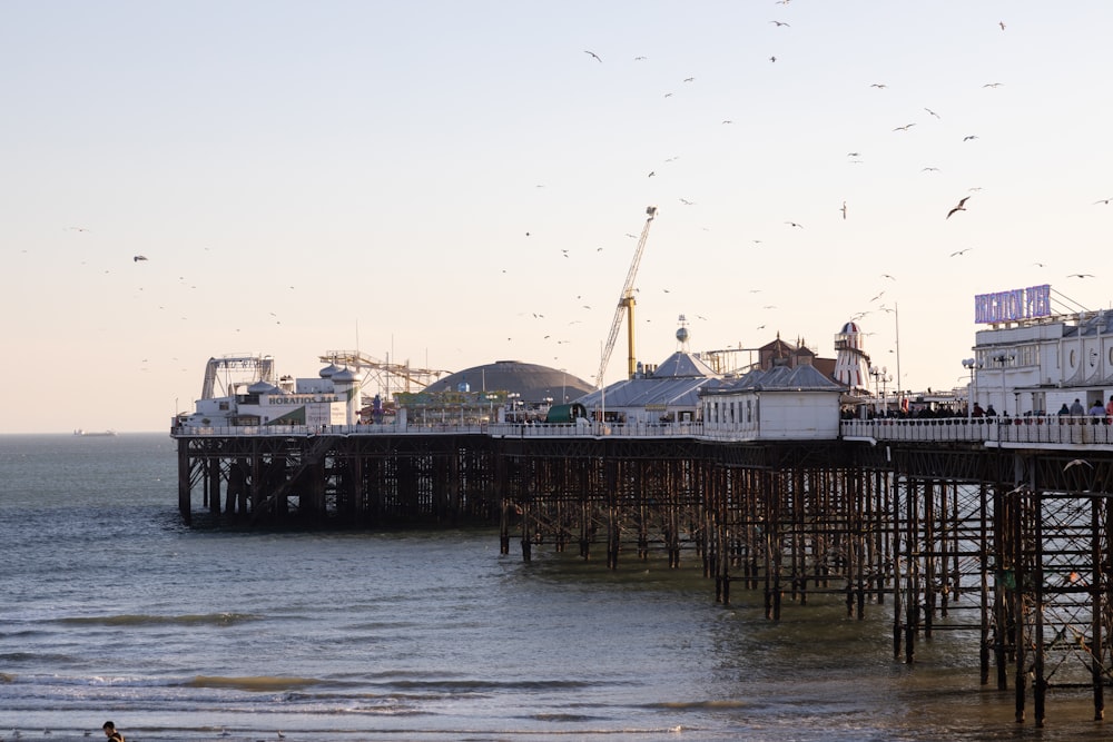 a pier on the ocean with birds flying around