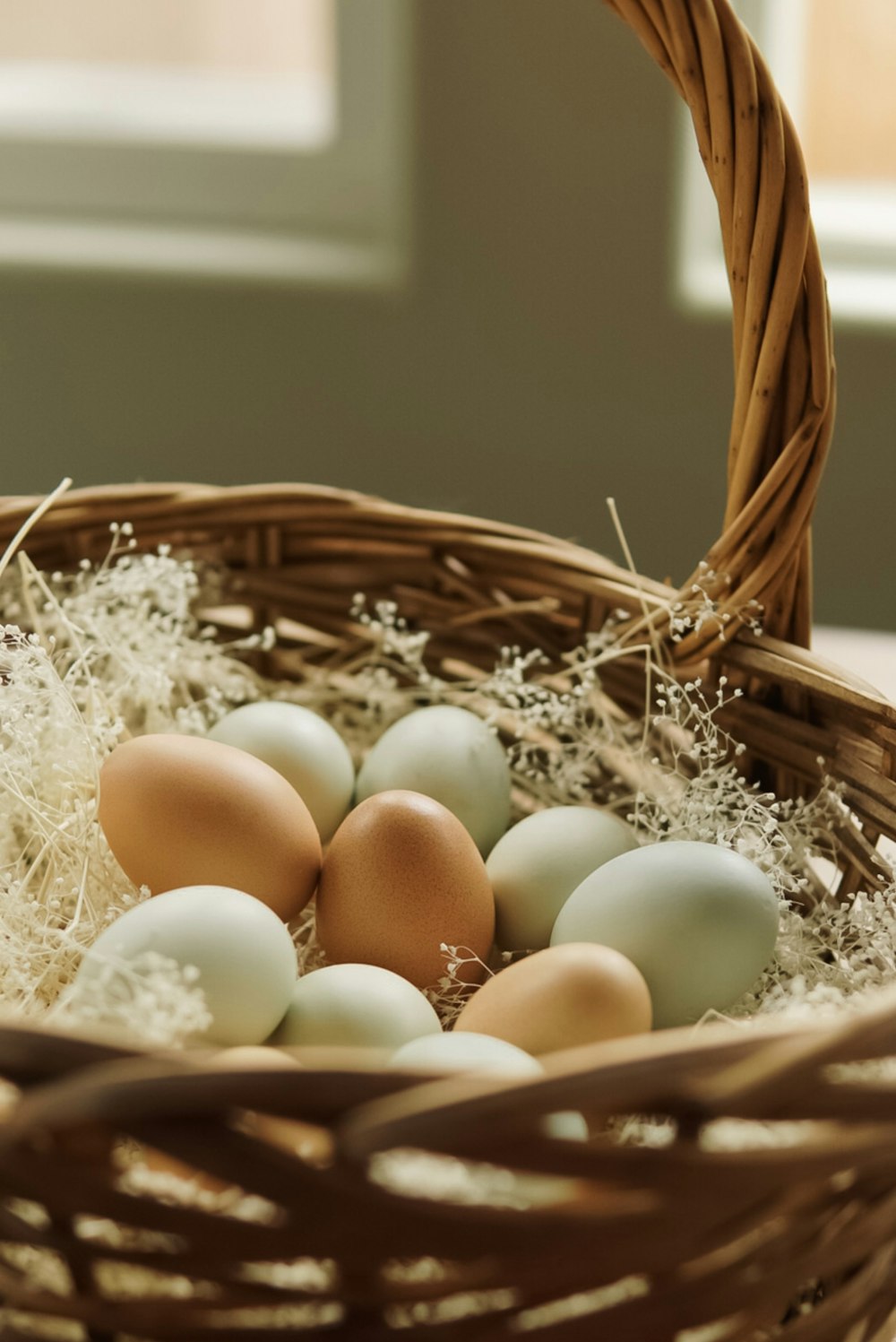 a basket filled with eggs sitting on top of a table