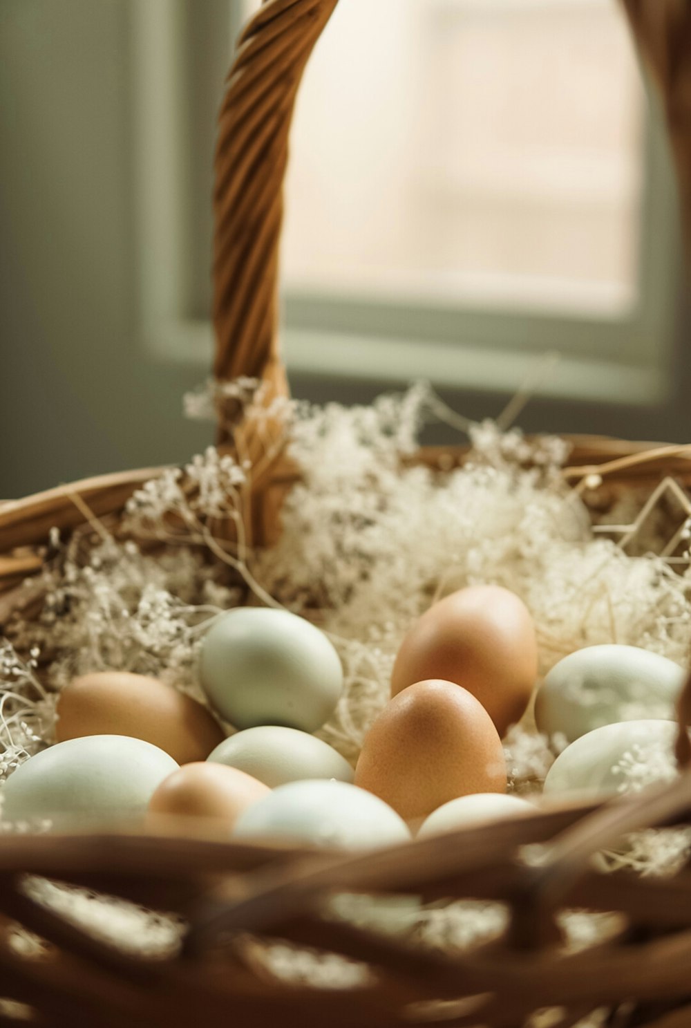 a basket filled with eggs sitting on top of a table