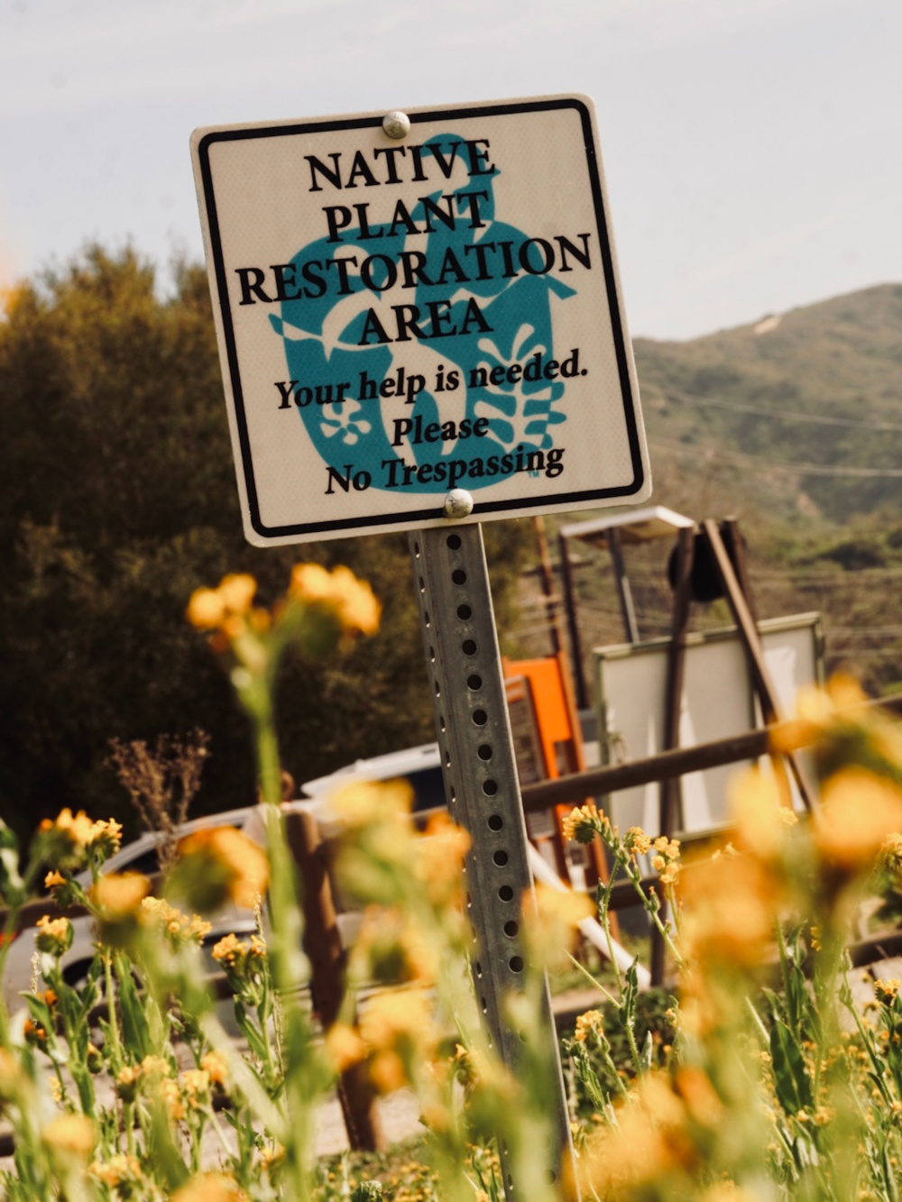 Un cartello che dice Natty Plant Restoration Area