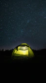 A cozy glamping tent glowing warmly under a star-filled night sky.