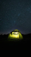 Cozy glamping tent glowing warmly under a starry night sky.