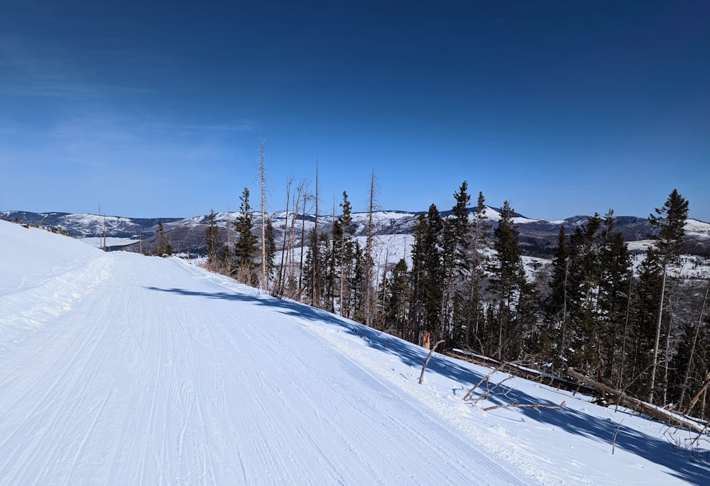 a person riding skis down a snow covered slope