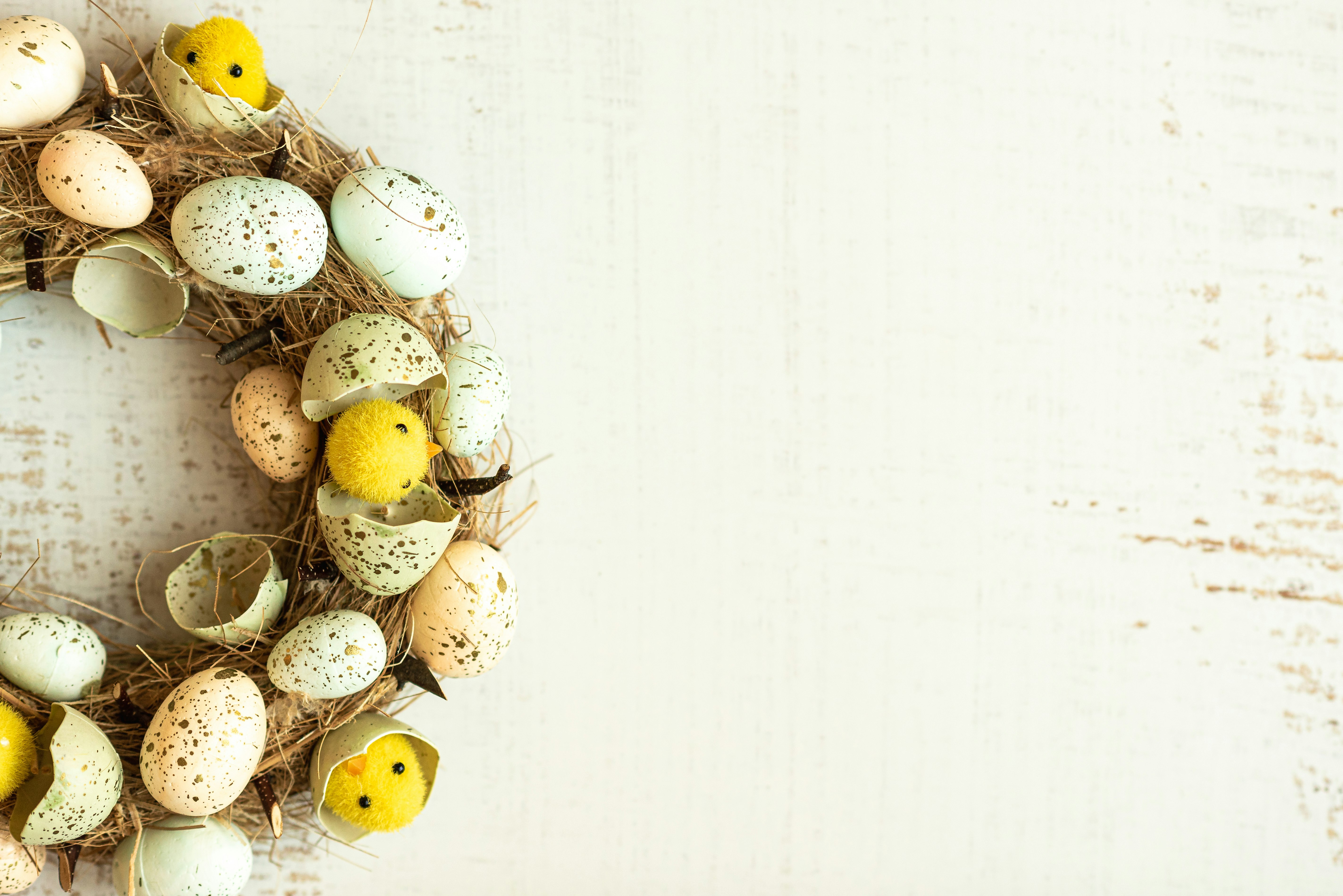 Gorgeous Easter background with Easter eggs in a wreath. Top view with copy space. Easter holidays banner and header.