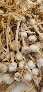 A pile of fresh garlic bulbs with long, dried stems and roots attached. The garlic cloves are mostly white and have a papery texture. The stems are straw-colored and twisted together, adding a rustic and organic appearance.