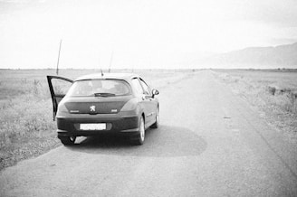 A black and white photograph of a car parked on a deserted rural road. The rear door on the driver's side is open, and the landscape is flat and expansive, stretching out to distant hills under a cloudy sky.