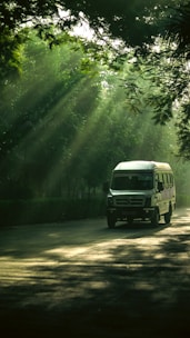a white van driving down a road surrounded by trees