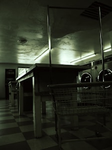 A dimly lit laundromat with industrial-style washing machines lining the wall. The floors are checkered and there are long, metal tables and a laundry cart in the foreground. Fluorescent lights cast a green hue over the scene, with minimal natural light coming from a small window.