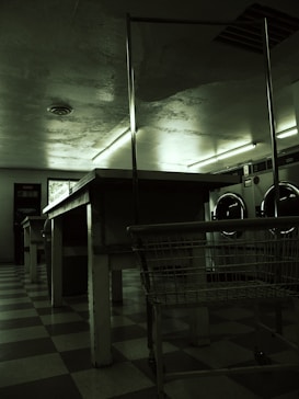 A dimly lit laundromat with industrial-style washing machines lining the wall. The floors are checkered and there are long, metal tables and a laundry cart in the foreground. Fluorescent lights cast a green hue over the scene, with minimal natural light coming from a small window.