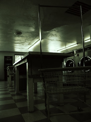 A dimly lit laundromat with industrial-style washing machines lining the wall. The floors are checkered and there are long, metal tables and a laundry cart in the foreground. Fluorescent lights cast a green hue over the scene, with minimal natural light coming from a small window.