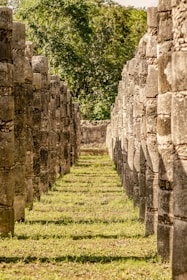 a row of stone columns in a grassy area