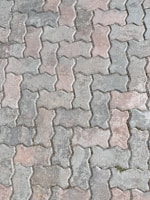 Interlocking concrete pavers form a repeated pattern on the ground, displaying a combination of muted gray and pink hues. Some greenery, possibly small patches of grass, peeks through the joints of the pavers.