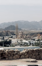 a view of a city with mountains in the background