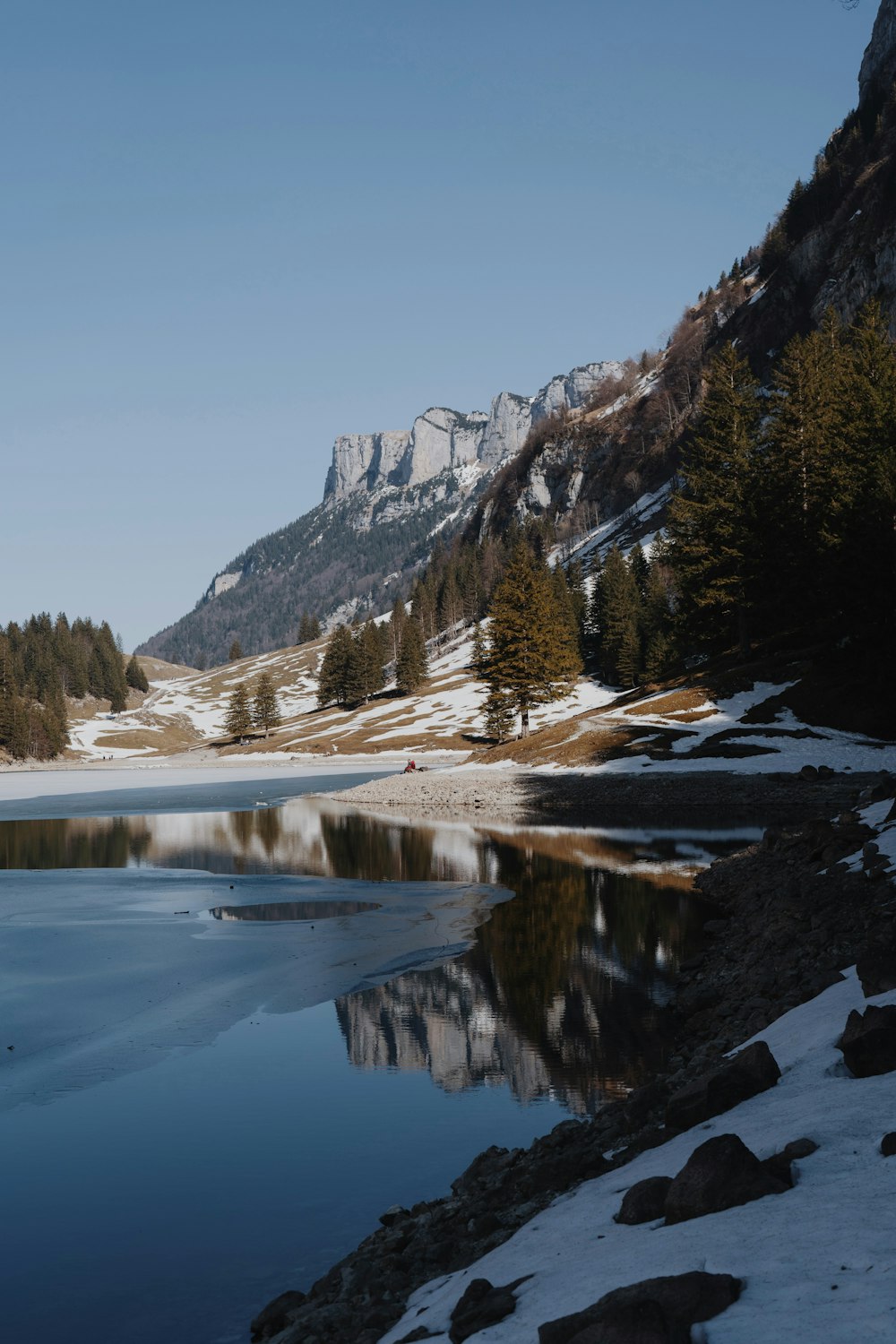 a mountain lake surrounded by snow covered mountains