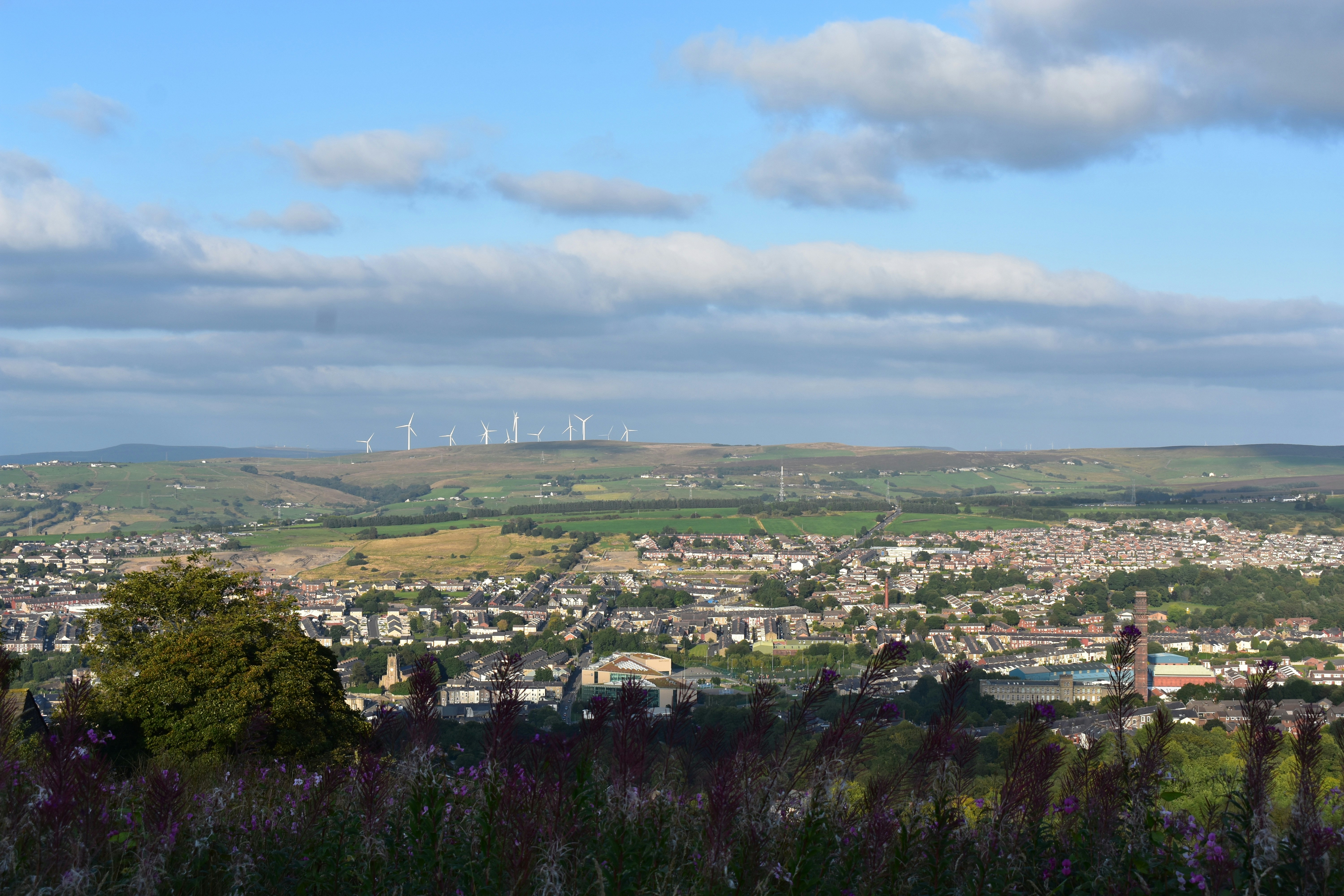 a view of a city with wind mills in the distance