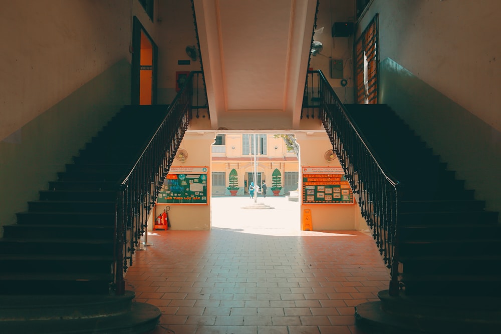 a view of a building from the bottom of the stairs