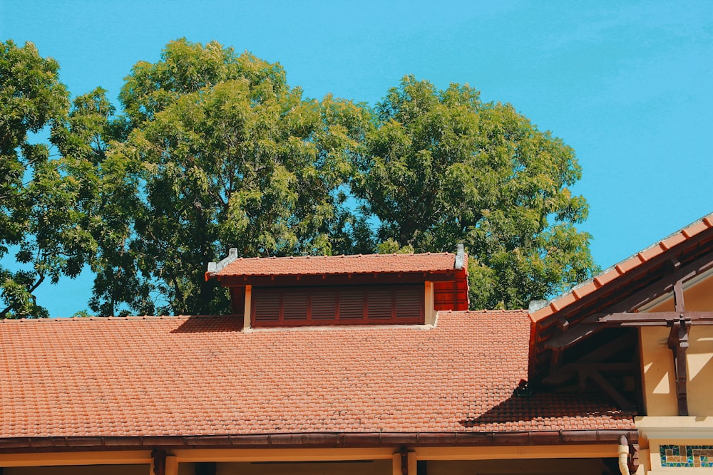 the roof of a house with a tree in the background