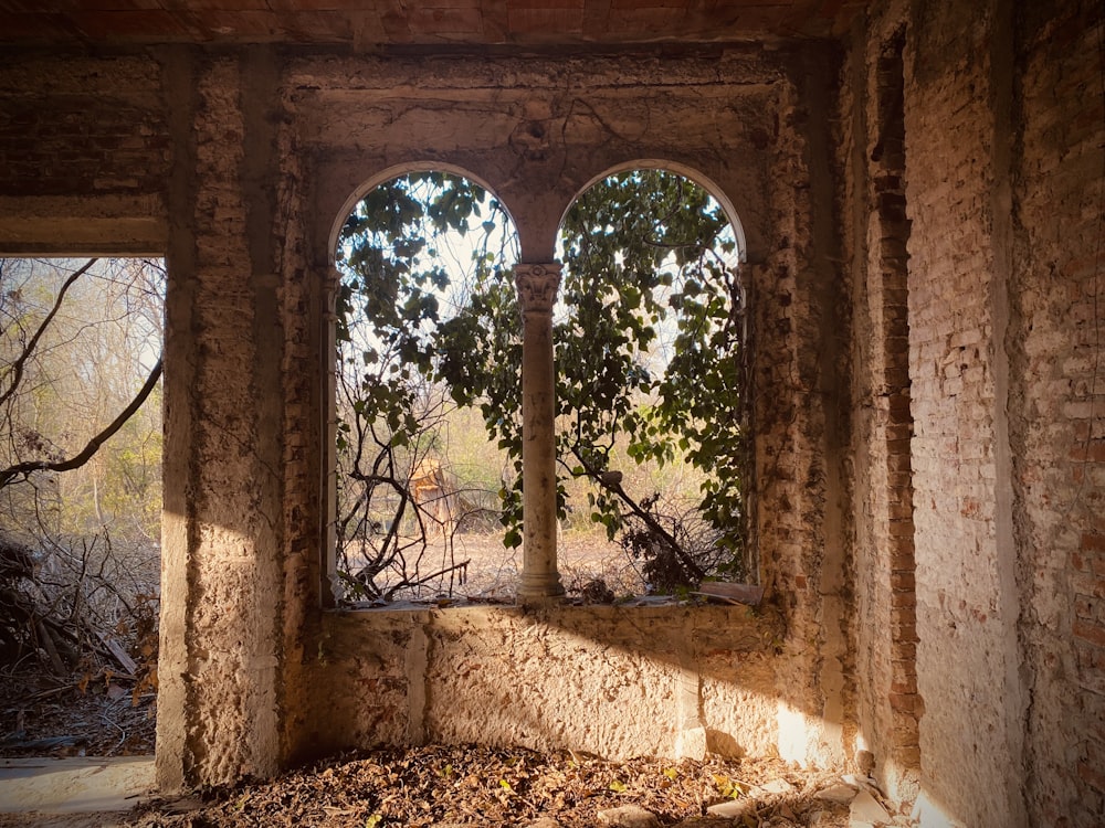 a window in an old building with a view of a forest