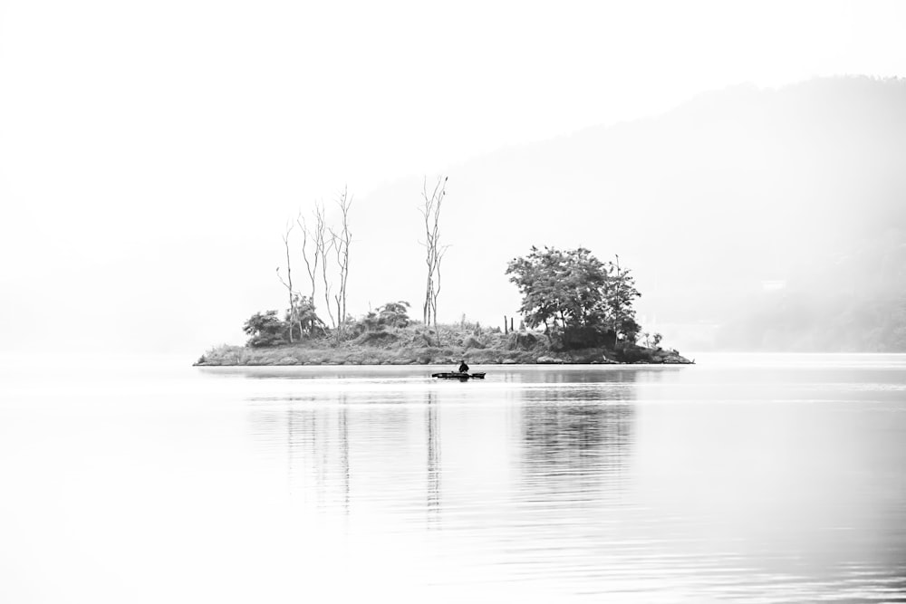 a person in a small boat on a large body of water