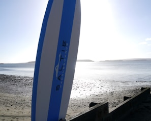 A paddleboard stands upright on a pebbly and sandy beach with calm waters stretching out to the horizon. The bright sun creates a reflective glare on the water, and a distant landmass is visible.