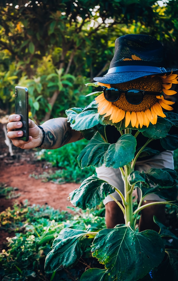 Sunflower wearing sunglasses and a hat taking a playful selfie