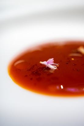 A vibrant red sauce garnished with a delicate pink edible flower is artfully presented on a white plate. The smooth surface of the sauce reflects light, adding a glossy texture to the presentation.