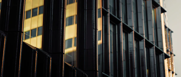 A close-up of sleek aluminum window frames reflecting sunlight in a modern building.