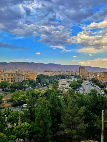 a view of a city with mountains in the background