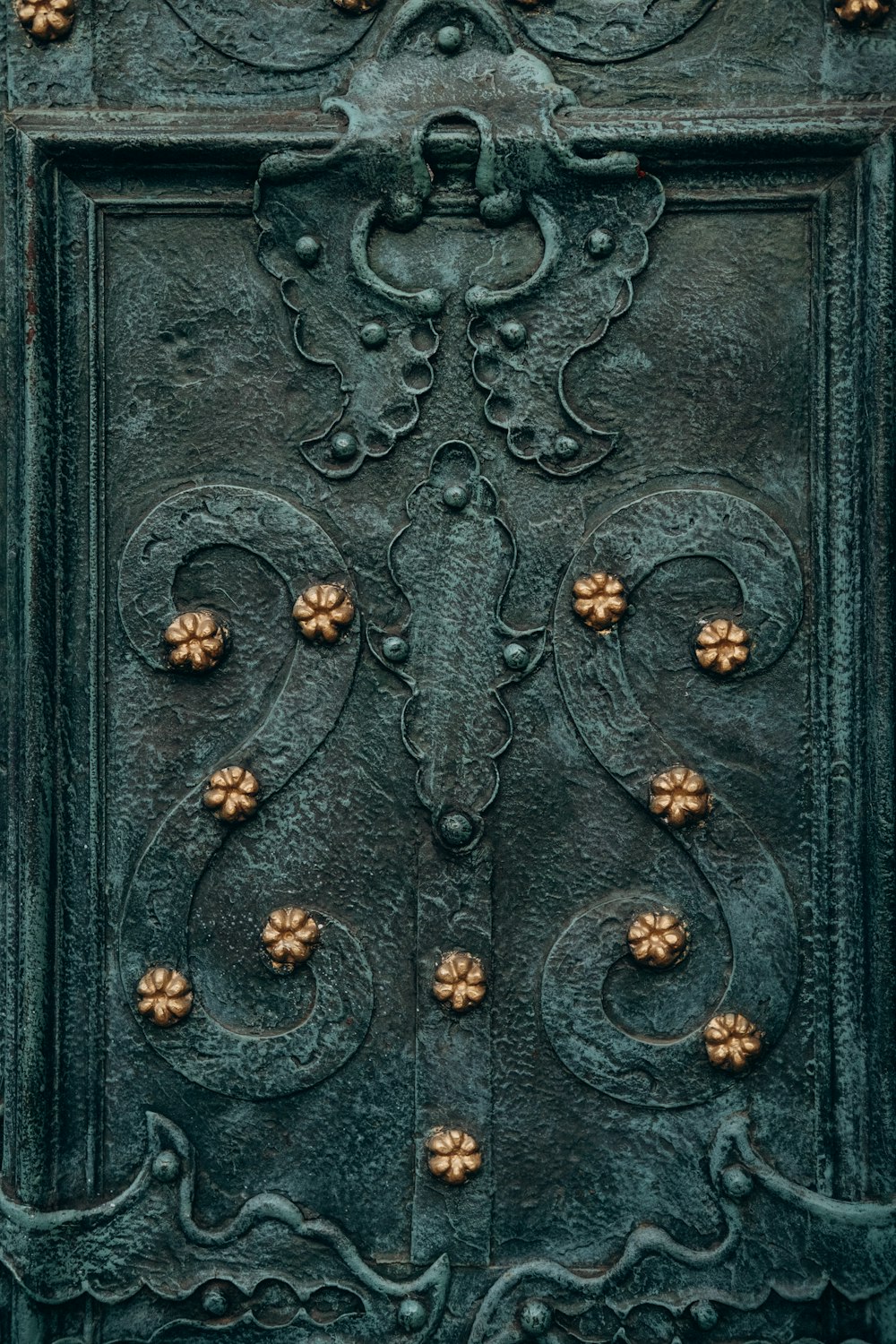 a close up of a metal door with flowers on it