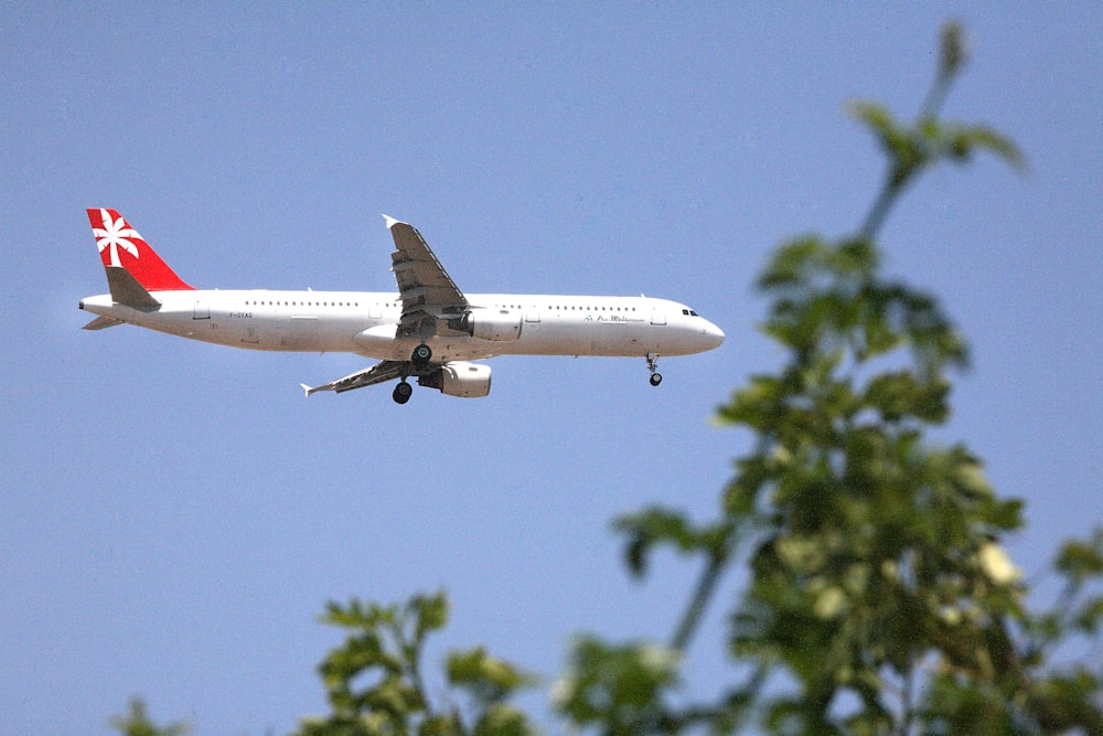 a large jetliner flying through a blue sky