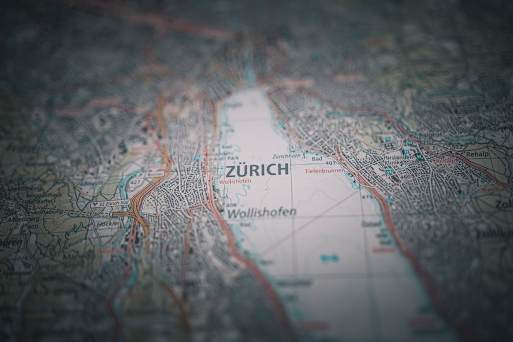 a close up of a map with the word zurch on it