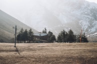 A wooden cabin nestled among several tall evergreen trees sits in front of a snow-capped mountain range. The foreground consists of a barren, dry, grassy field with a ski lift pole visible. The sky is overcast, giving a muted appearance to the landscape.