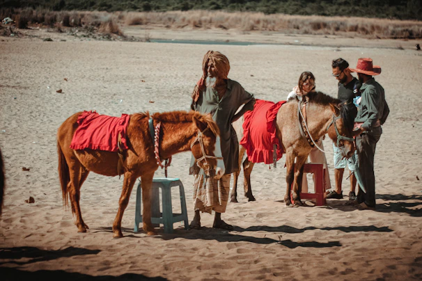 Volunteers helping participants prepare for a therapeutic horseback ride on a sunny day.