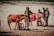A group of people is standing on a sandy area with two small brown horses. The horses are dressed with red blankets and are being held by the people. Two stools are placed near the horses as they are being prepared, possibly for a ride. The background consists of arid, grassy terrain.