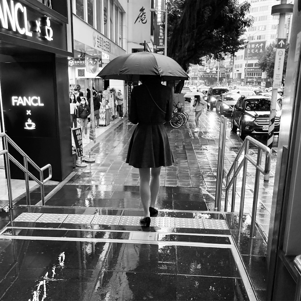 a woman walking down a street holding an umbrella