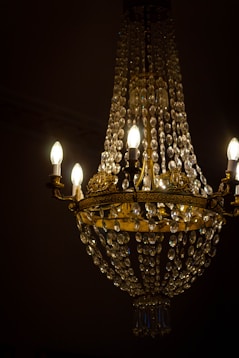 a chandelier hanging from a ceiling in a dark room