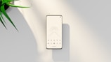 A modern smartphone with a minimalist black and white home screen design sits on a smooth, light-colored surface. Near the top left is part of a green potted plant, adding a touch of nature to the composition.